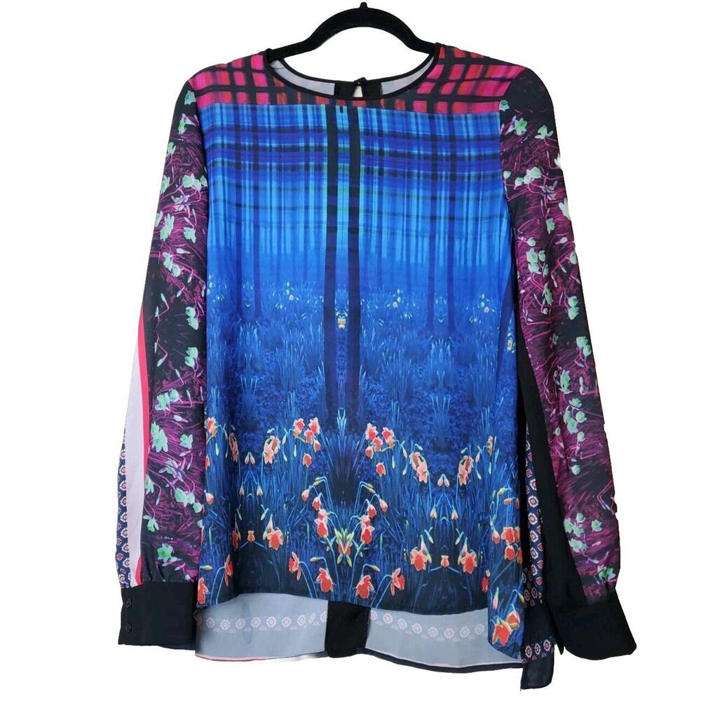 New Clover Canyon Women's Floral Print Satin Top Long Sleeve Mixed Print Career